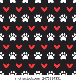 Pet Paws with Hearts Seamless Pattern. Cat and Dog Imprints Background. Dog Day, Cat Day, Pets Day Backdrop.