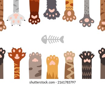 Pet Paws. Pets Foot, Cat Tiger Paw And Fish Skeleton. Animals Footprint Banner, Kitten Dogs Feet. Cartoon Legs Classy Vector Seamless Pattern, Border Design