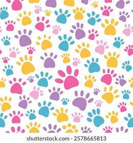 Pet paws print cute colorful seamless pattern background with bright pink blue yellow cat and dog foot trace