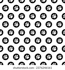 Pet paws seamless pattern in black and white. A pattern with a silhouette of footprints in a circle. Illustrated vector clipart.
