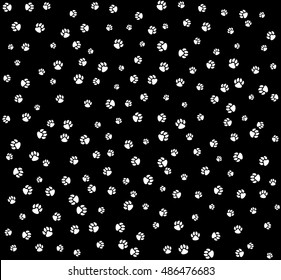 Pet paws white on black seamless pattern background.