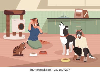 Pet and people eats at home. Quadrober games, imitation of animal behavior, girls in masks cats, dogs playing in room, happy friends in costumes cartoon flat isolated tidy vector concept