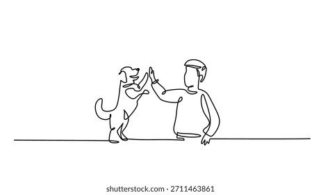 Pet and people interaction in continuous one line art drawing. A dog giving a high five gesture to a man, symbol of partnership and care. Single outline drawing vector illustration, editable stroke.