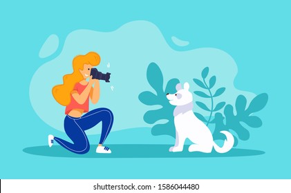 Pet photographer taking photo of a dog. Woman taking photo with modern digital camera. Funny white dog is sitting in the plants. Vector illustration with bright blue background.