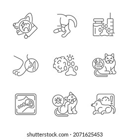 Pet physical injuries linear icons set. Domestic animal disease. Body illness. Infectious parasites. Customizable thin line contour symbols. Isolated vector outline illustrations. Editable stroke