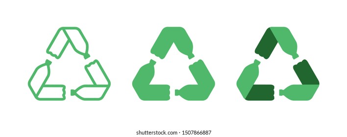Pet plastic bottles form mobius loop or recycling symbol with arrows. Recycle plastic. Eco pet use concept. Set of recycling icons in different sytles - outline, glyph and flat.. Vector illustration