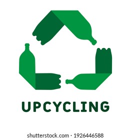 Las botellas de plástico de mascota forman un bucle mobius o un símbolo de reciclaje con flechas. Reciclar el plástico. Concepto de uso de mascotas ecológicas. Conjunto de iconos de reciclaje en diferentes sistemas - contorno, glifo y plano. Ilustración