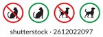 Pet policy symbol icons. Vector signs indicating cat and dog allowed or not allowed zones. Animal access icons for public spaces, parks, buildings, hotels, and pet friendly or restricted areas.