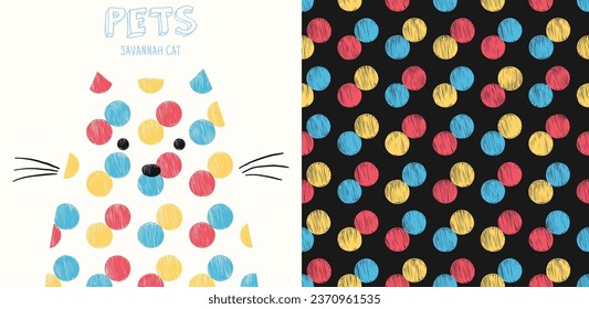 Pet portrait. Abstract cat head. Handdrawn geometric pattern, poster