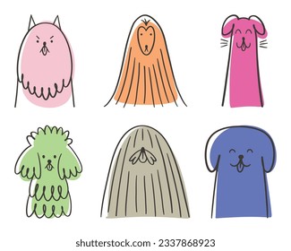 Pet portrait. Contour dog head. Outline sticker set. Linear icon, logo