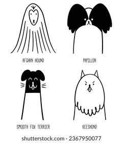 Pet portrait. Contour dog head. Doodle sticker set. Linear icon, logo
