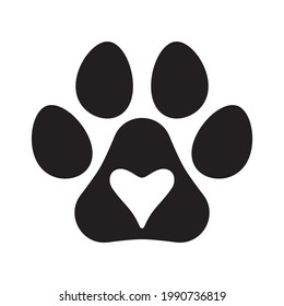 Pet print and heart inside. Pet love or paw love concept. Pet footprint silhouette. Animal lover, veterinary or pet friendly shop logo. Vector illustration