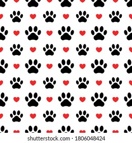 Pet prints. Paw seamless pattern. Cute background for pets, dog or cat. Foot puppy. Black silhouette shape paw and red heart. Footprint pet. Animal track. Trace foot dog, cat. Design for print. Vector