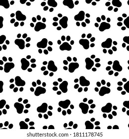 Pet prints. Paw seamless pattern. Cute background for pets, dog or cat. Foot puppy. Black silhouette shape paw. Footprint pet. Animal track. Trace foot dog, cat. Design walks pet for print. Vector