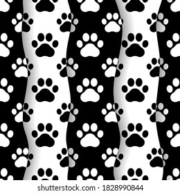 Pet prints. Paw seamless pattern. Cute background for pets, dog or cat. Foot puppy. Black silhouette shape paw. Footprint pet. Animal track. Trace foot dog, cat. Design walks pet for print. Vector