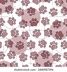 Pet prints. Paw seamless pattern. Cute background for pets, dog or cat. Childrens backdrop. Foot puppy. Different shapes. Footprint pet. Baby background. Track paw. Art design walks for print. Vector
