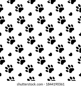 Pet prints. Paw seamless pattern. Black and white background for pets, dog or cat. Foot puppy. Silhouette shape paw. Footprint pet. Animal track. Trace foot dog, cat. Design walk pet for print. Vector