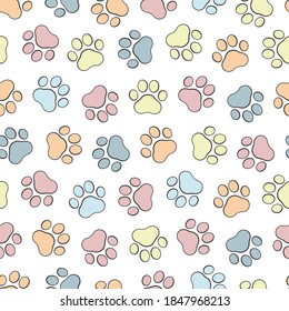 Pet prints. Paw seamless pattern. Cute background for pets, dog or cat. Childrens backdrop. Foot puppy. Different shapes. Footprint pet. Baby background. Track paw. Art design walks for print. Vector