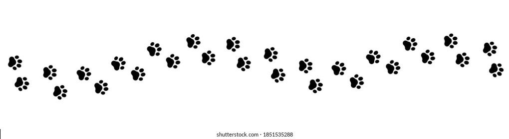 Pet Prints. Paw Seamless Pattern. Border Footprints For Pets, Dog Or Cat. Foot Puppy. Black Silhouette Shape Paw Print. Footprint Pet. Animal Track. Cute Background Trace Walk. Design Walks. Vector