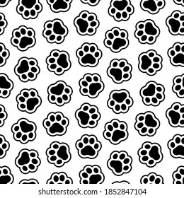 Pet prints. Paw seamless pattern. Cute background for pets, dog or cat. Foot puppy. Black silhouette shape paw. Footprint pet. Animal track. Trace foot dog, cat. Design walks pet for print. Vector