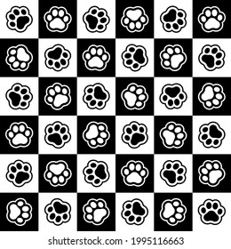 Pet prints. Paw seamless pattern. Repeated background. Paw pets, dog or cat. Repeating puppy foot. Footprint pet. Animal track. Trace foot dog, cat. Design walks pet for print. Vector illustration