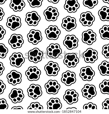 Pet prints. Paw seamless pattern. Cute background for pets, dog or cat. Foot puppy. Black silhouette shape paw. Footprint pet. Animal track. Trace foot dog, cat. Design walks pet for print. Vector