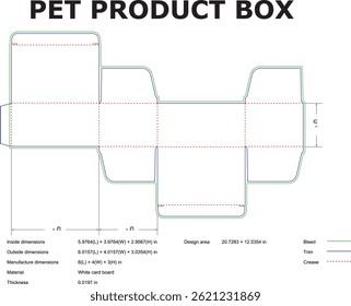 Pet product box die cut blueprint with dimensions for packaging design and manufacturing ready for export