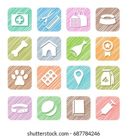 Pet products, colored icons, vector, hatched. Drawings of goods and services for Pets. Hatching with colored pencil, imitation. 