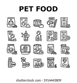 Pet Products Food Collection Icons Set Vector. Dry And Canned Food For Cat And Dog Domestic Animal, Vitamins And Medicine For Worms Black Contour Illustrations