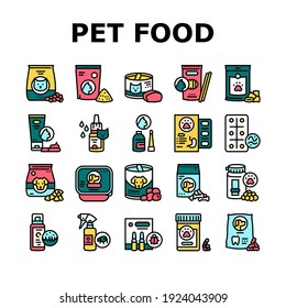 Pet Products Food Collection Icons Set Vector. Dry And Canned Food For Cat And Dog Domestic Animal, Vitamins And Medicine For Worms Concept Linear Pictograms. Contour Color Illustrations