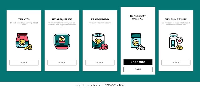 Pet Products Food Onboarding Mobile App Page Screen Vector. Dry And Canned Food For Cat And Dog Domestic Animal, Vitamins And Medicine For Worms Illustrations