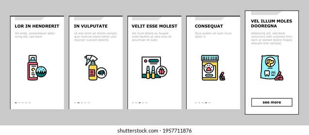 Pet Products Food Onboarding Mobile App Page Screen Vector. Dry And Canned Food For Cat And Dog Domestic Animal, Vitamins And Medicine For Worms Illustrations