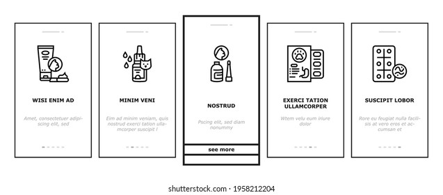 Pet Products Food Onboarding Mobile App Page Screen Vector. Dry And Canned Food For Cat And Dog Domestic Animal, Vitamins And Medicine For Worms Illustrations