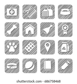 Pet products, icons, vector, hatched. Drawings of goods and services for Pets. Hatch grey pencil simulation.  