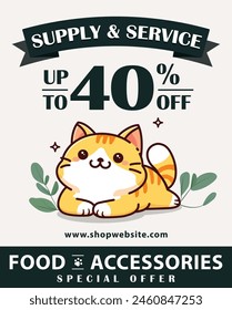 Pet promotion poster, banner, flyer, sale banner, template, cat lying on floor vector illustration