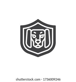 Pet protection shield vector icon. filled flat sign for mobile concept and web design. Shield with dog glyph icon. Veterinary symbol, logo illustration. Vector graphics