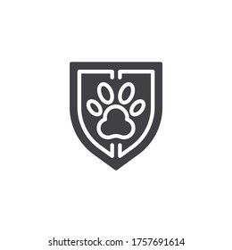 Pet protection shield vector icon. Pet insurance filled flat sign for mobile concept and web design. Shield with animal paw print glyph icon. Symbol, logo illustration. Vector graphics