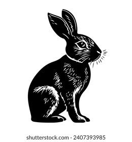 Pet rabbit in linocut textured style. Isolated on white background vector illustration