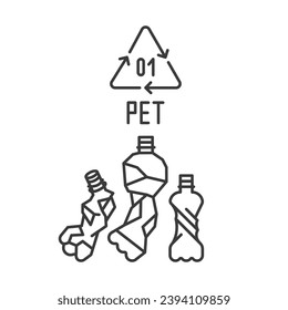 PET recycling. Plastic bottles ready to recycle. Twisted bottles. Plastic recycling vector polyethylene sign. Line design. Editable stroke