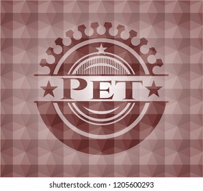 Pet red emblem or badge with abstract geometric polygonal pattern background. Seamless.