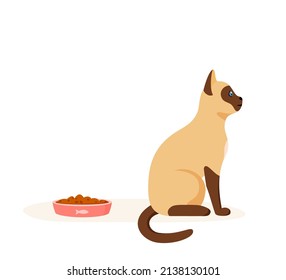 Pet refuses to eat food in bowl. Siamese domestic cat being selective and persnickety. Pet not eating kibble or wet food. Feeding pet problem. Flat style vector