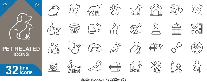 Pet Related outline icons set. Dog, cat, pet food, pet house, fish, bird, collar, grooming and more. vector illustrator.