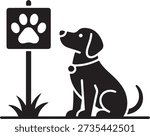 pet relief zone vector icon of a loyal sitting dog next to a sign with a large paw print isolated on white background, illustration