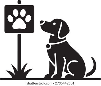 pet relief zone vector icon of a loyal sitting dog next to a sign with a large paw print isolated on white background, illustration