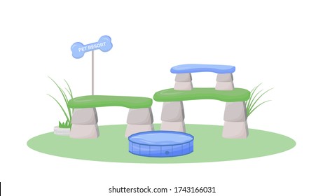 Pet Resort Cartoon Vector Illustration. Pool With Water To Bathe Dogs. Domestic Animal Day Care. Outdoor Premium Playground Flat Color Object. Pet Spa Complex Isolated On White Background