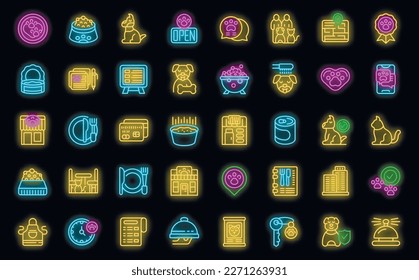 Pet restaurant icons set outline vector. Cafe interior. Room animal neon color on black