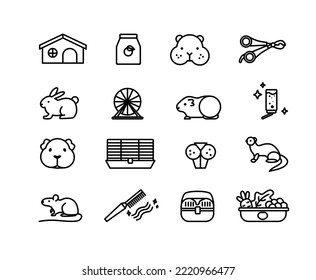 Pet rodent web icons set. Vector outline pet shop signs collection. Hamster, cavy and bunny accessories pack for online store