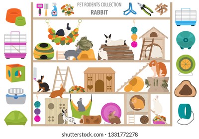 Pet rodents home accessories icon set flat style isolated on white. Care collection. Create own infographic about guinea pig, rat, hamster, chinchilla, mouse, rabbit. Vector illustration