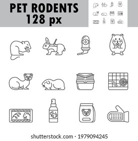 El vector del conjunto de iconos de los roedores de mascotas. Ferret, hámster, conejo son los símbolos mostrados. Iconos de rata, conejillo de indias. Amor por masajear a mascota. Jaula y heno para roedores. Comida para hurones. Pulverizar contra el olor de los ratones.