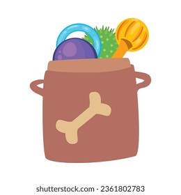 pet rubber toys on bag icon isolated
